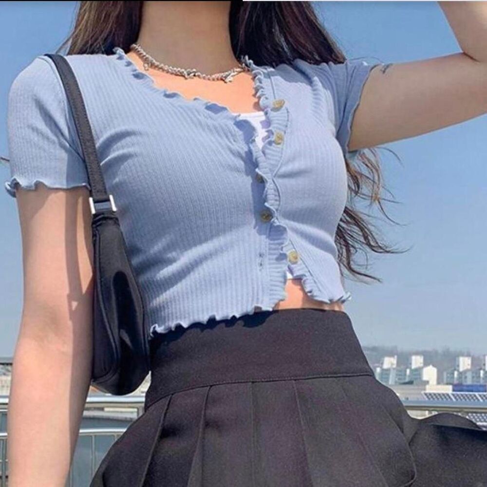 Blue Ruffled Cardigan Style Knit Blouse